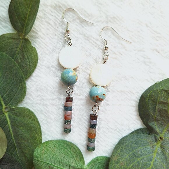 Mother of Pearl & Jasper Earrings – Coastal Boho Dangle Earrings, Handmade - Picture 3 of 10